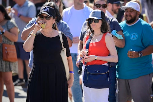 People watching the Beer Fest bands, some wearing baseball caps and sunglasses.