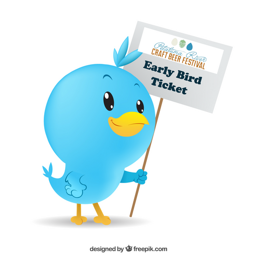 Cartoon blue bird holding a sign that says 'Early Bird Ticket' on a white background.