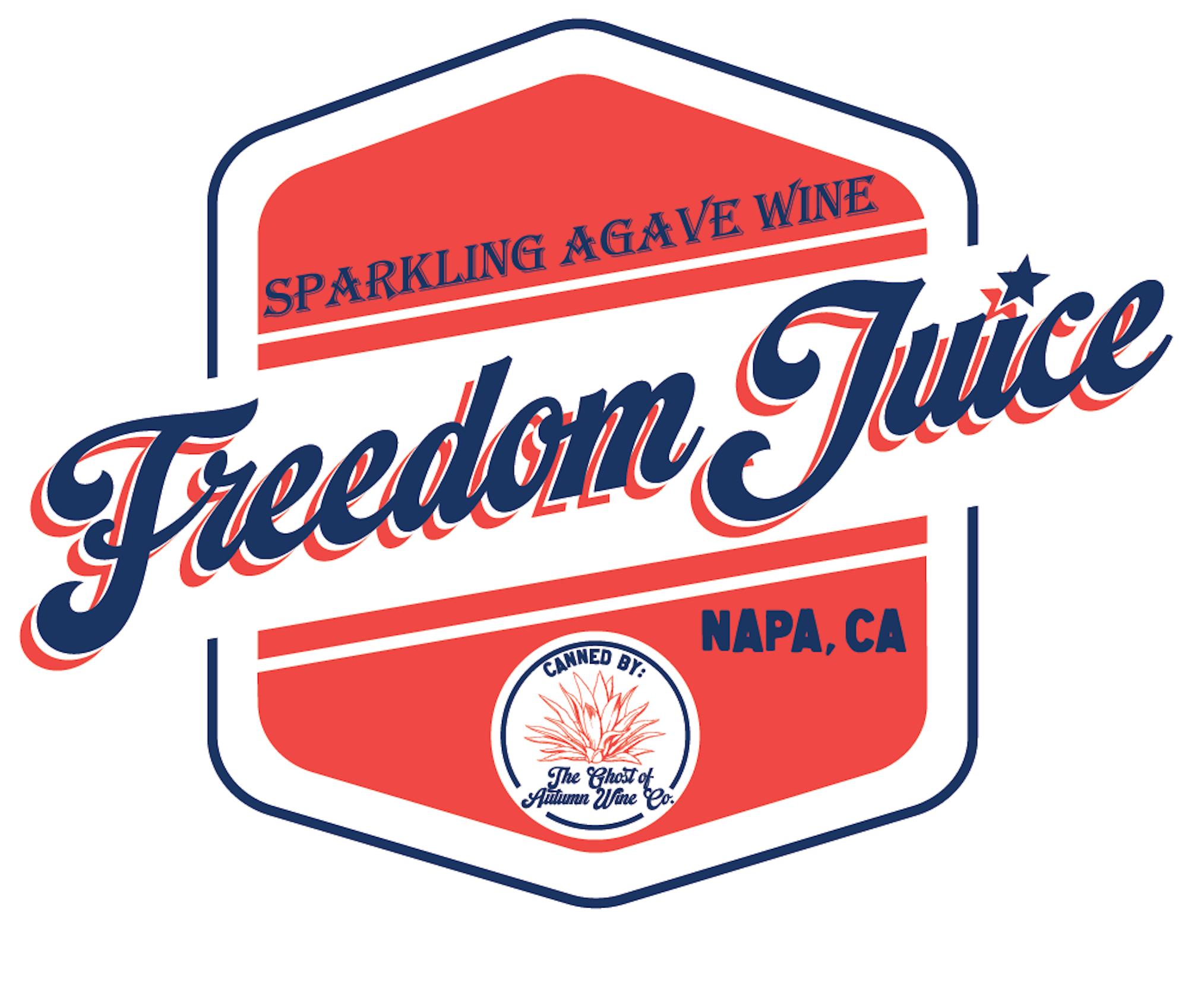 Freedom Juice Sparkling Agave Wine Logo - Red, Whie & Blue letters on Red and White sheild with white stars below.
