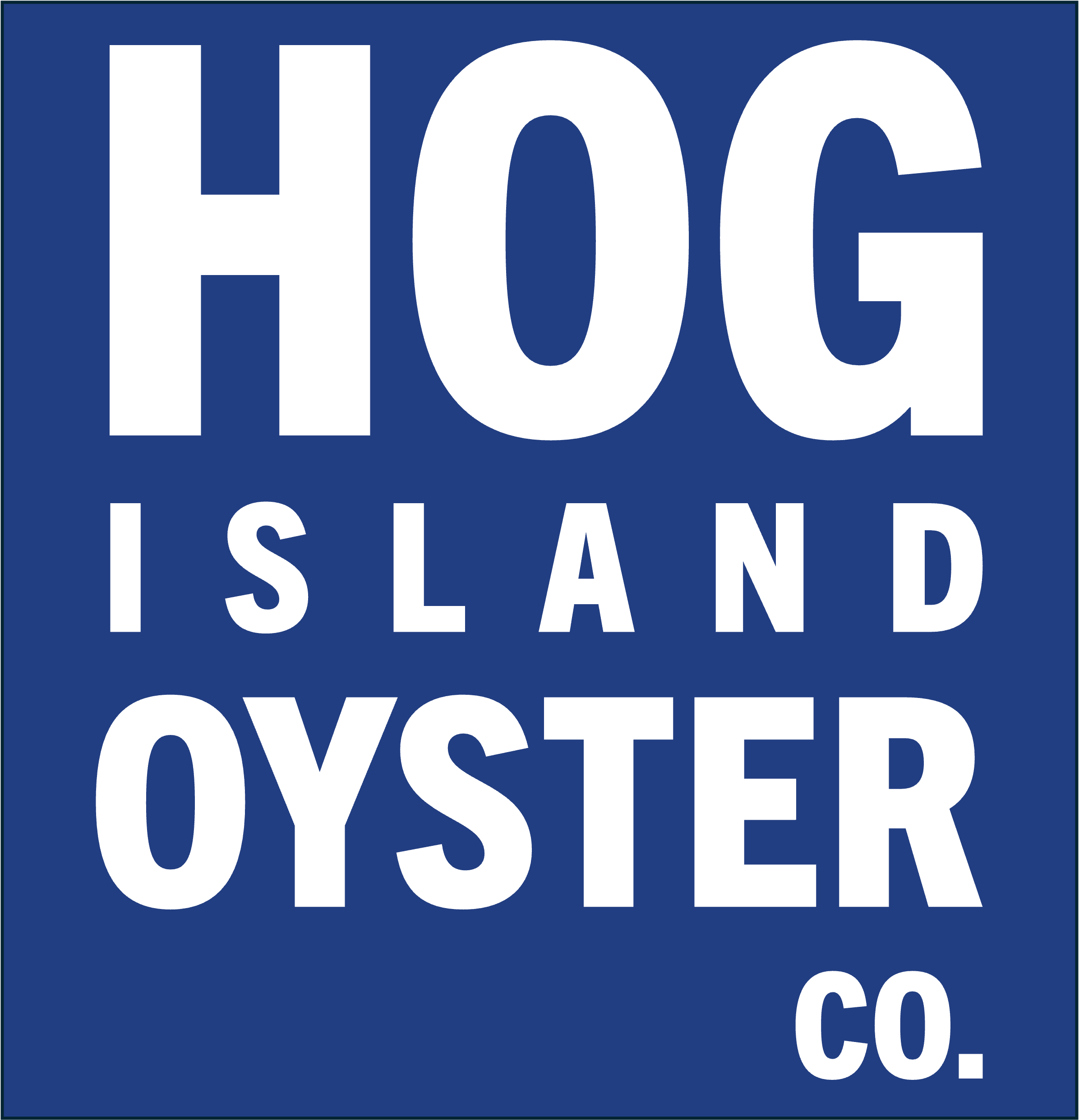 Logo of Hog Island Oyster Co. with white text on a blue background.   White capital letters sized to the same width except for CO is to the far right.