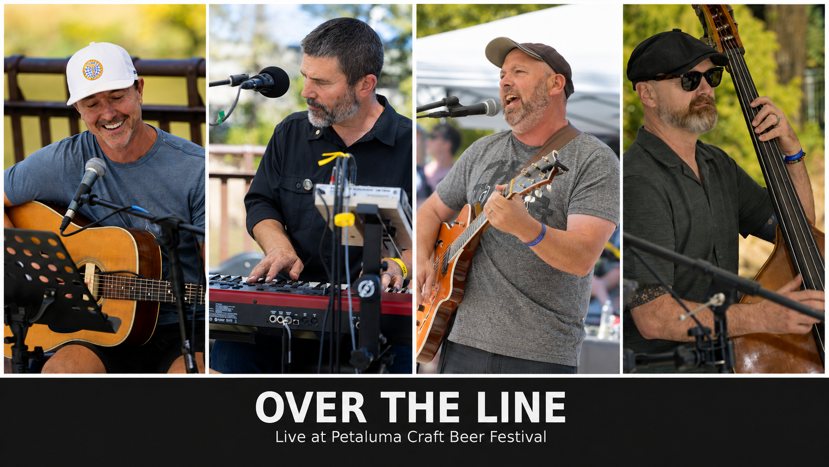 A four-panel collage showing musicians performing live music at an outdoor craft beer festival, with a black banner at the bottom reading 'OVER THE LINE Live at Petaluma Craft Beer Festival'.