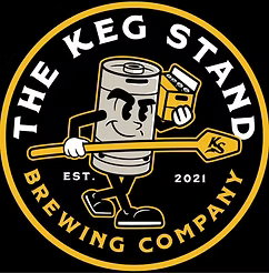 Logo of The Keg Stand Brewing Company with a cartoon keg character holding a paddle in one hand and a six pack in a carton in the other hand.